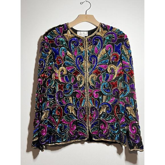 VTG Laurence Kazar EUC Black Multi Silk Beaded Sequin Evening Jacket Blazer L - Picture 1 of 6